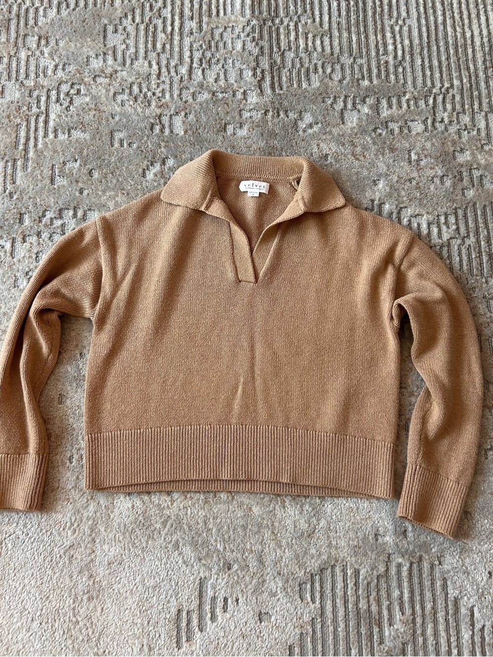 Velvet by Graham & Spencer Camel Collared V-Neck Sweater